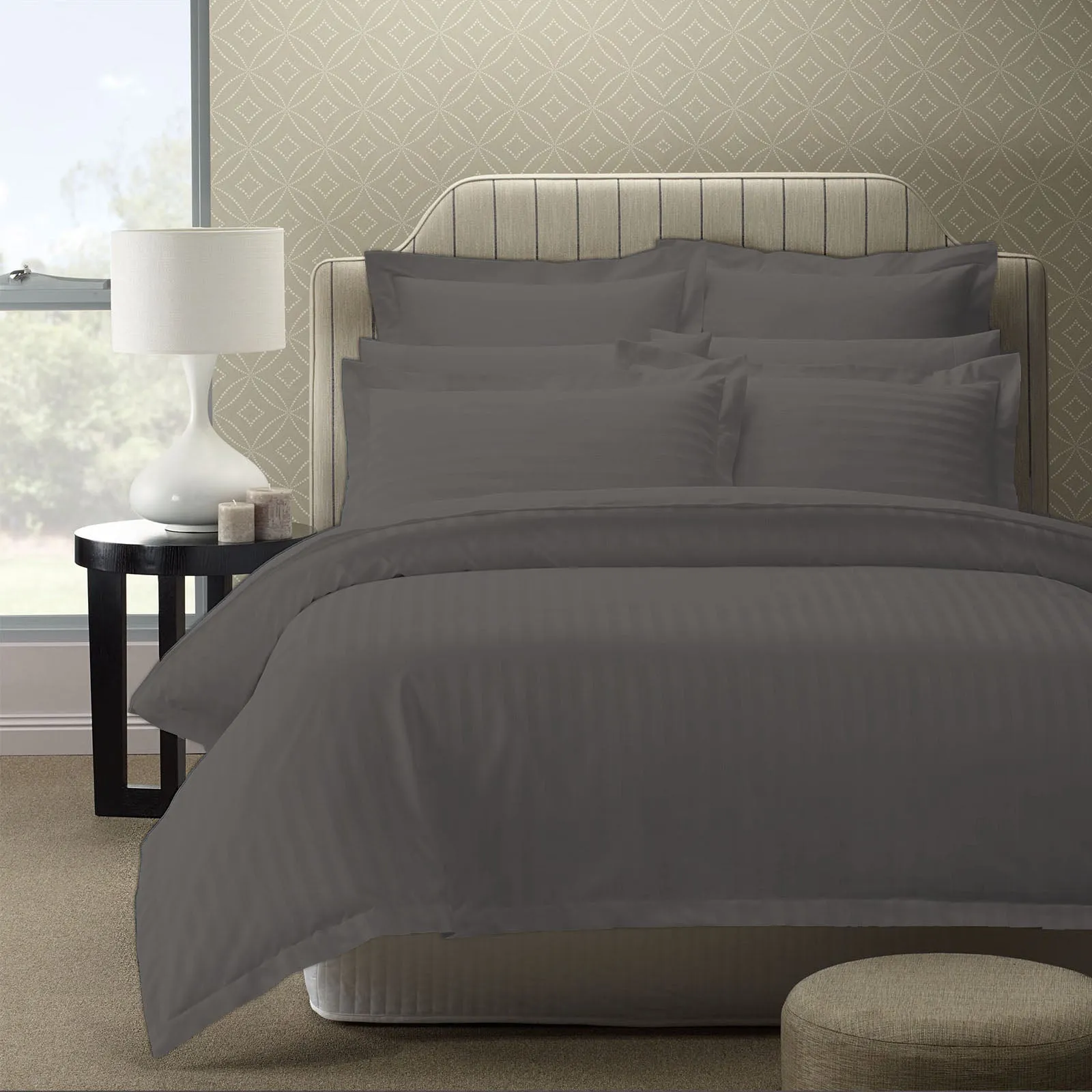 1200TC Quilt Cover Set | Damask Cotton Blend Luxury Sateen Bedding | Queen - Charcoal Grey
