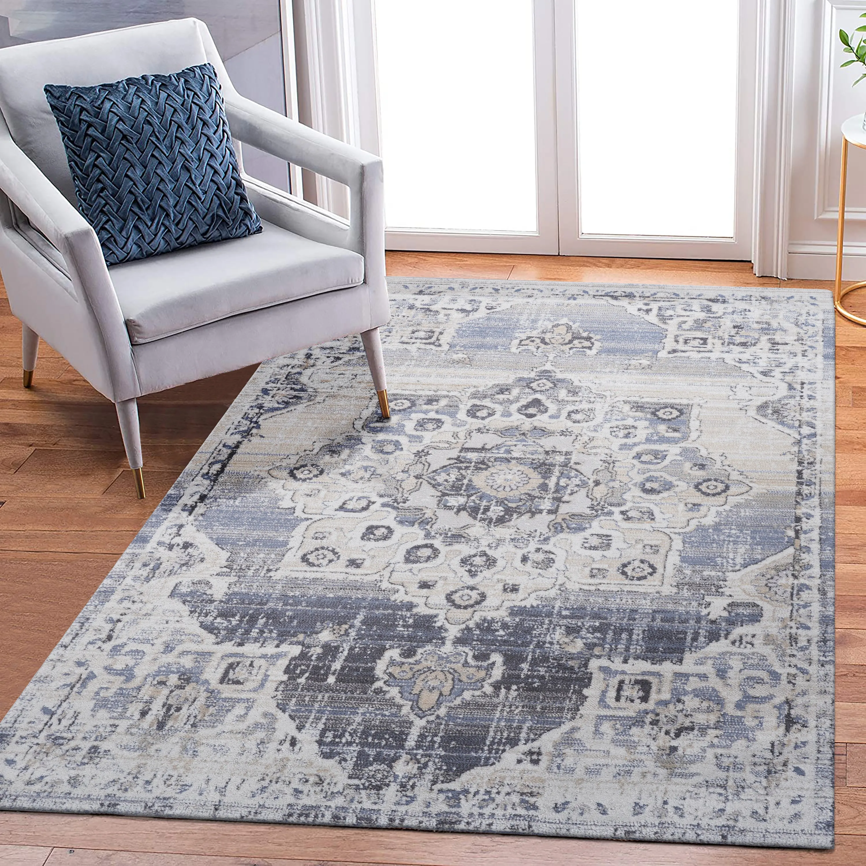 6X9 Cream/Blue /Medallion Non-Shedding Living Room Bedroom Dining Home Office Stylish and Stain Resistant Area Rug