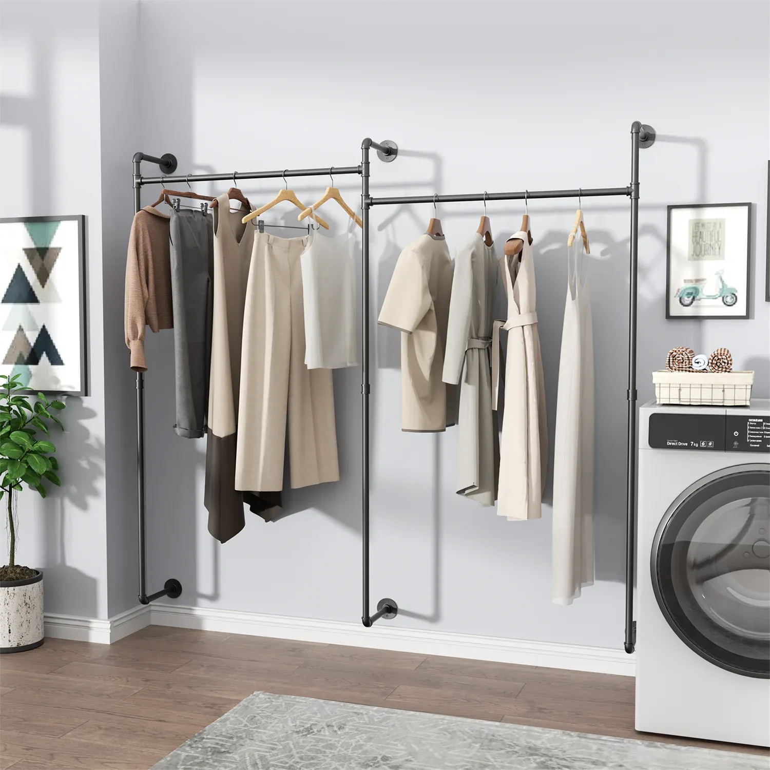 80.7 Industrial Pipe Double Clothes Rack Wall Mount