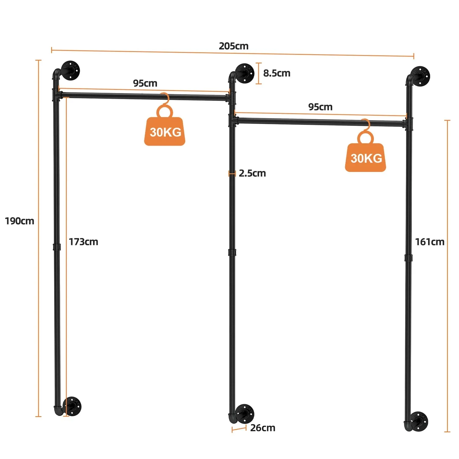 80.7 Industrial Pipe Double Clothes Rack Wall Mount
