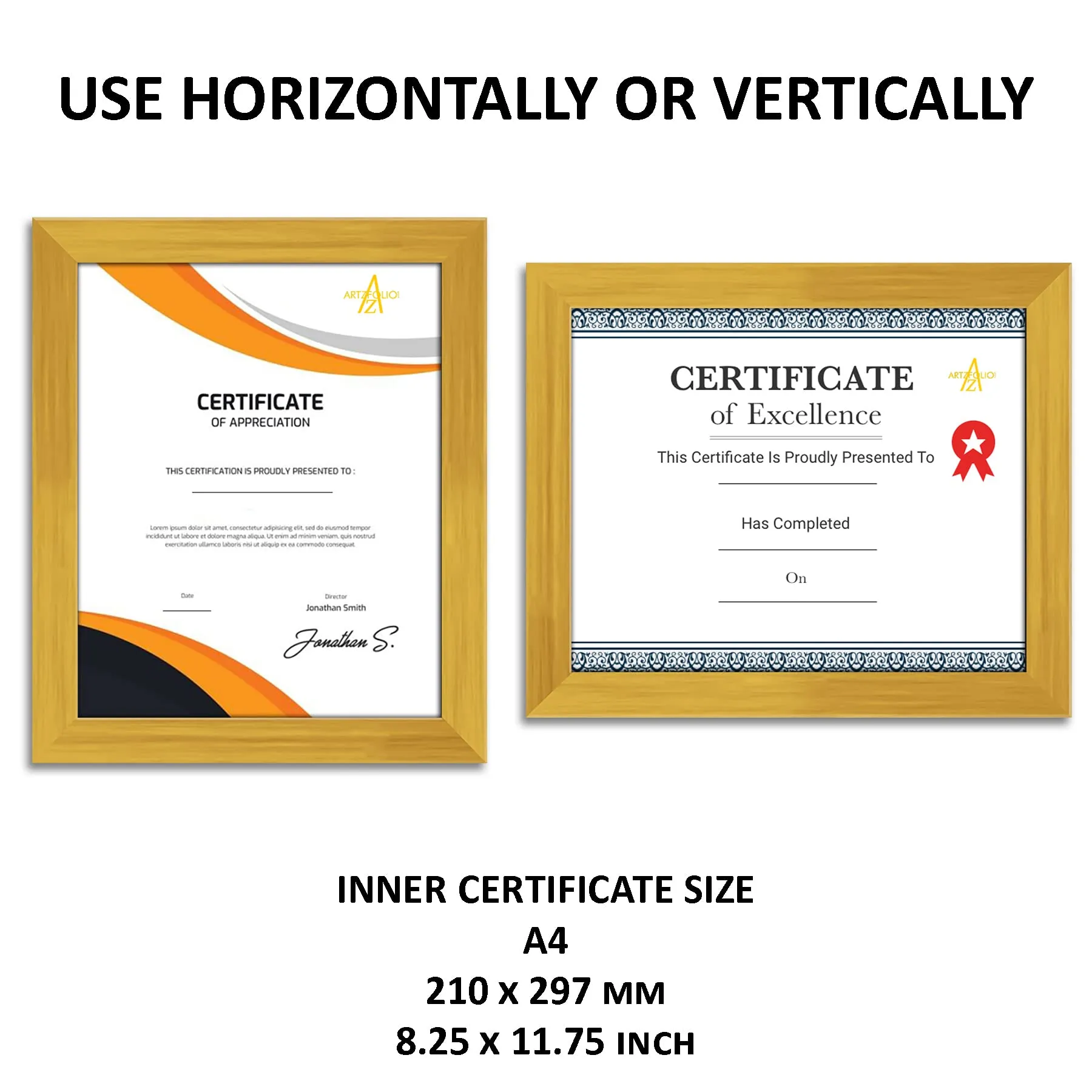 ArtzFolio Frame for Certificates D549 | Wall Photo Frame Collage for Living Room | Picture Frames Home & Wall Decoration | Golden | Set of 2 Units | With Back Stand | A4 Size