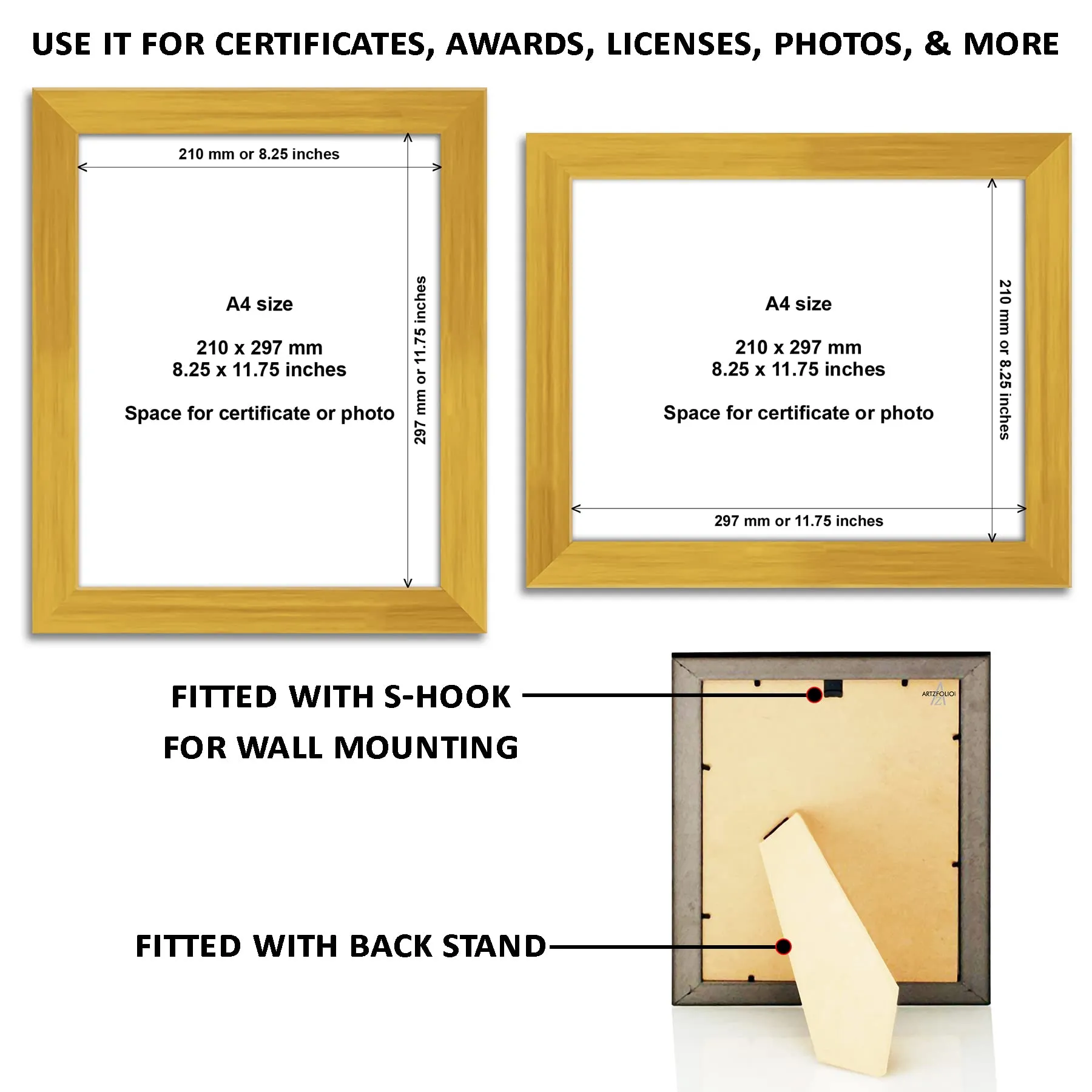 ArtzFolio Frame for Certificates D549 | Wall Photo Frame Collage for Living Room | Picture Frames Home & Wall Decoration | Golden | Set of 2 Units | With Back Stand | A4 Size