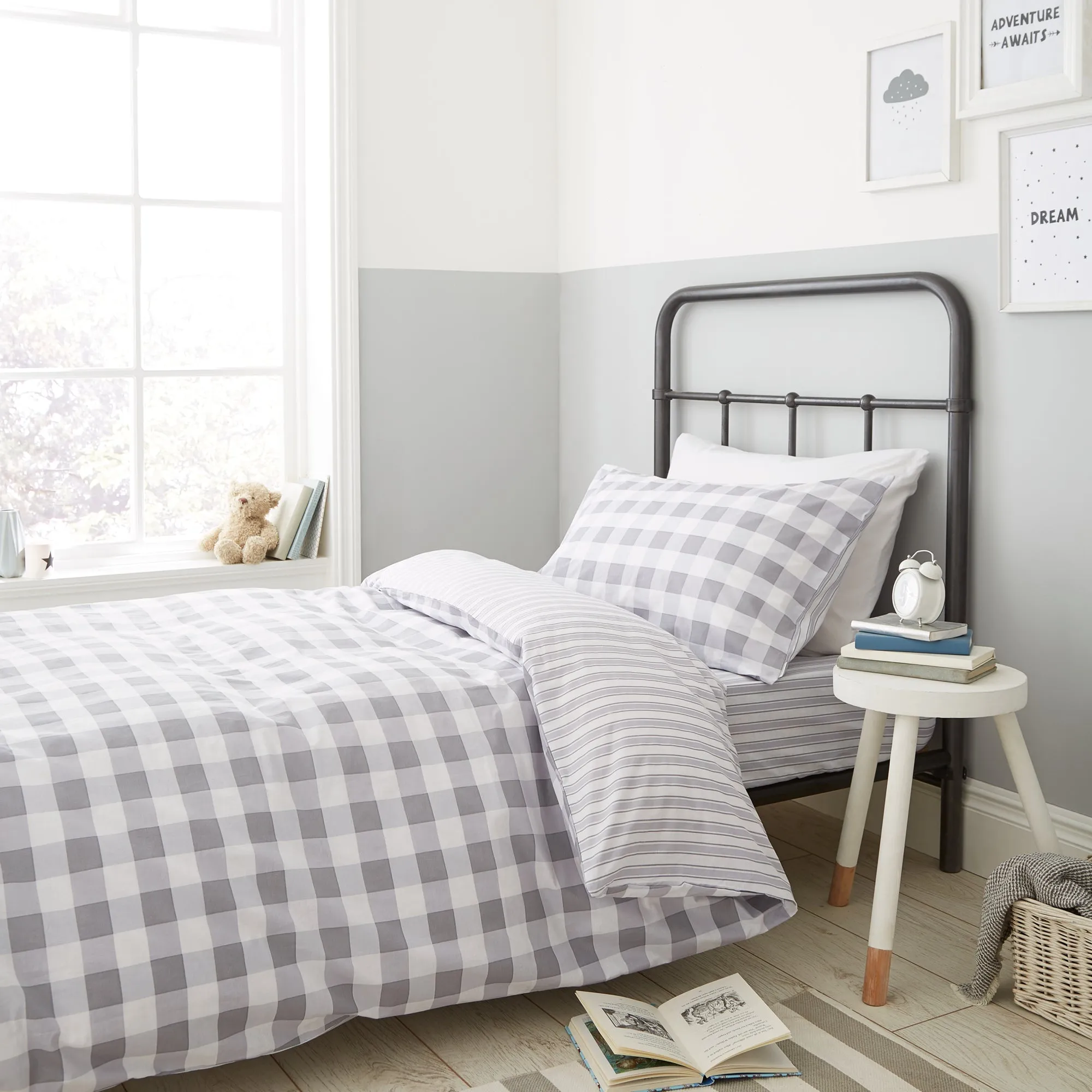 Bianca Grey Check And Stripe 100% Cotton Standard (25cm) Fitted Sheet