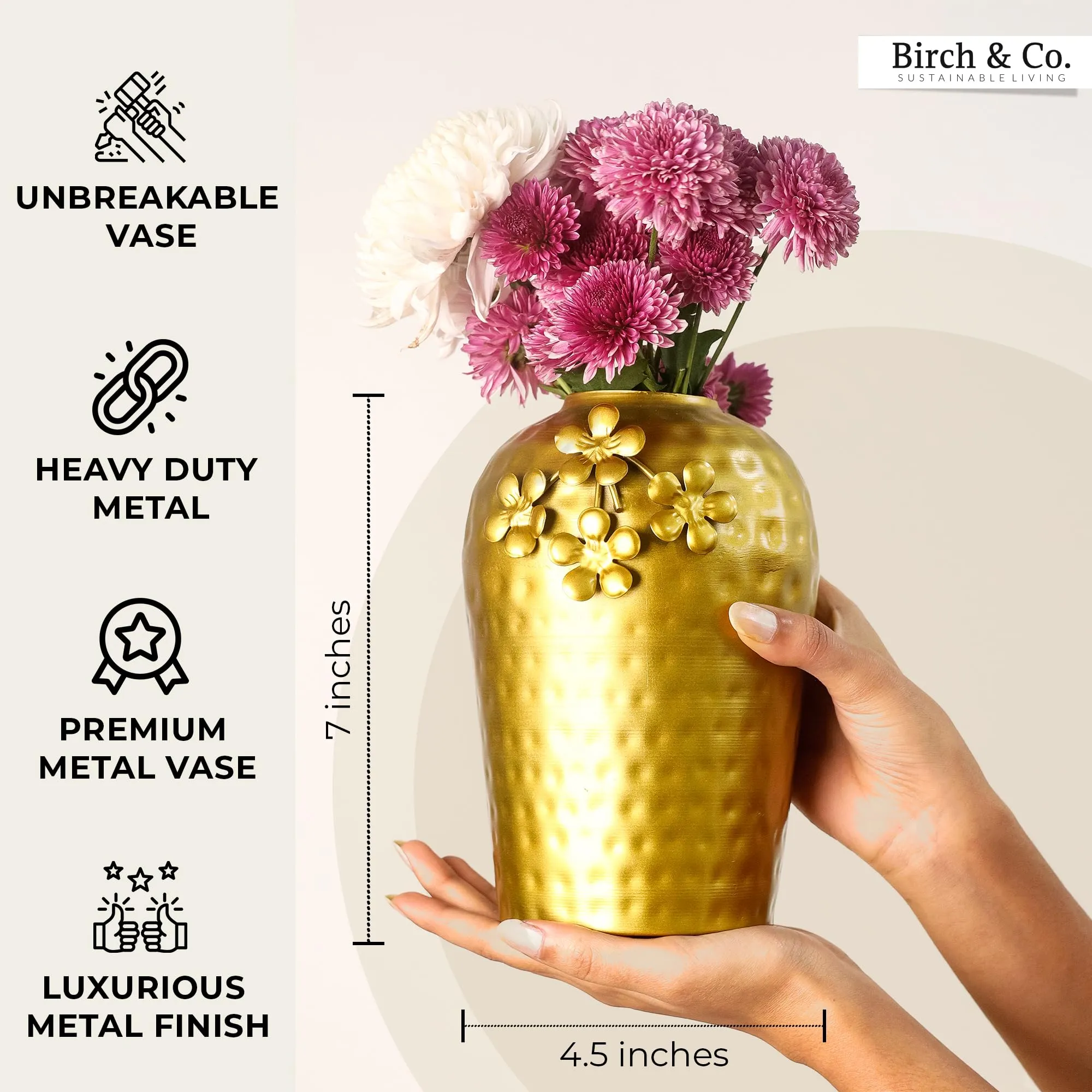 Birch & Co. Flower Vase- Vases For Home Decor-Metal Vase For Living Room- Pots For Decoration- Polished Pure Metal Table Vase- Modern Contemporary Vessel- Durable Sleek Urban Charm Vase- Golden