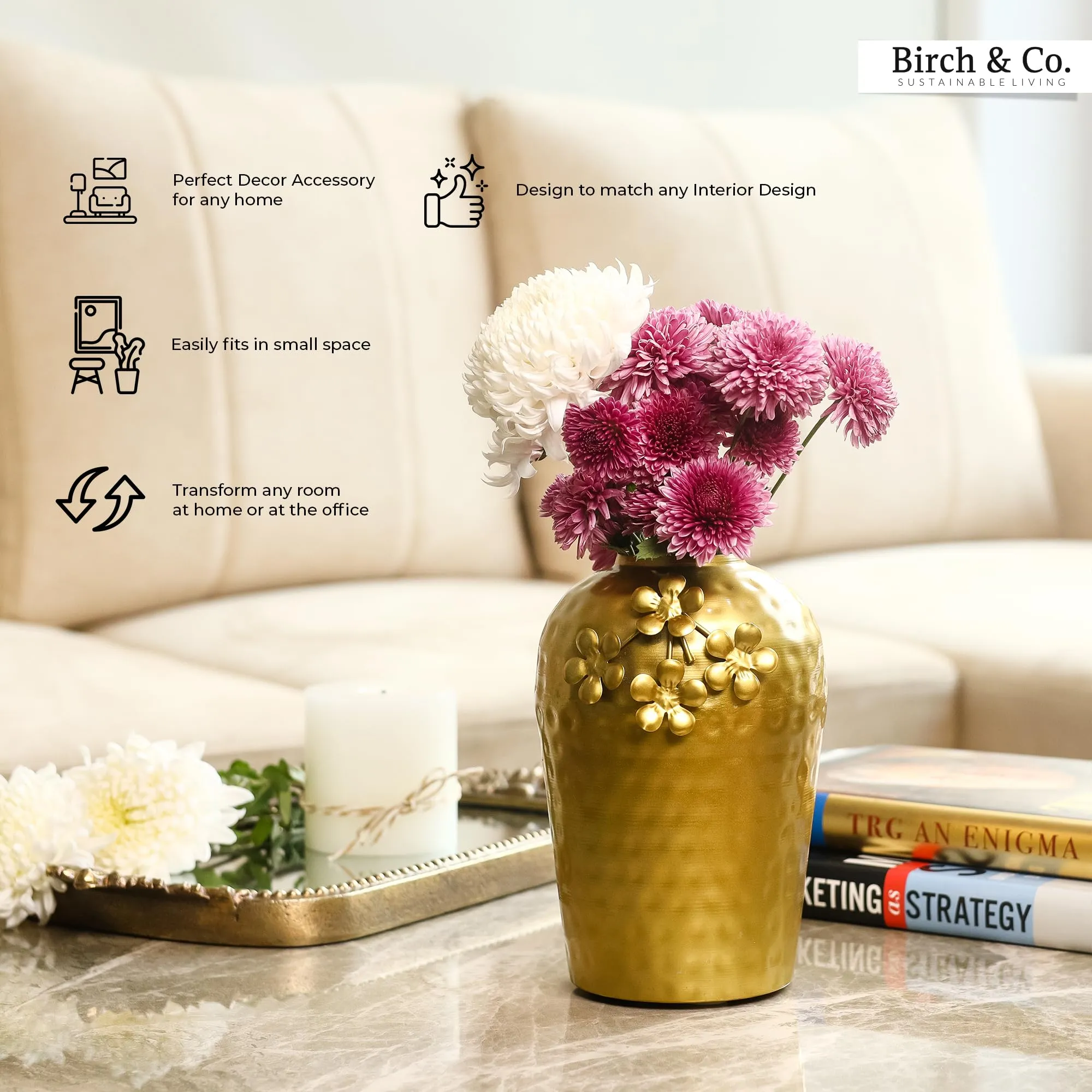 Birch & Co. Flower Vase- Vases For Home Decor-Metal Vase For Living Room- Pots For Decoration- Polished Pure Metal Table Vase- Modern Contemporary Vessel- Durable Sleek Urban Charm Vase- Golden