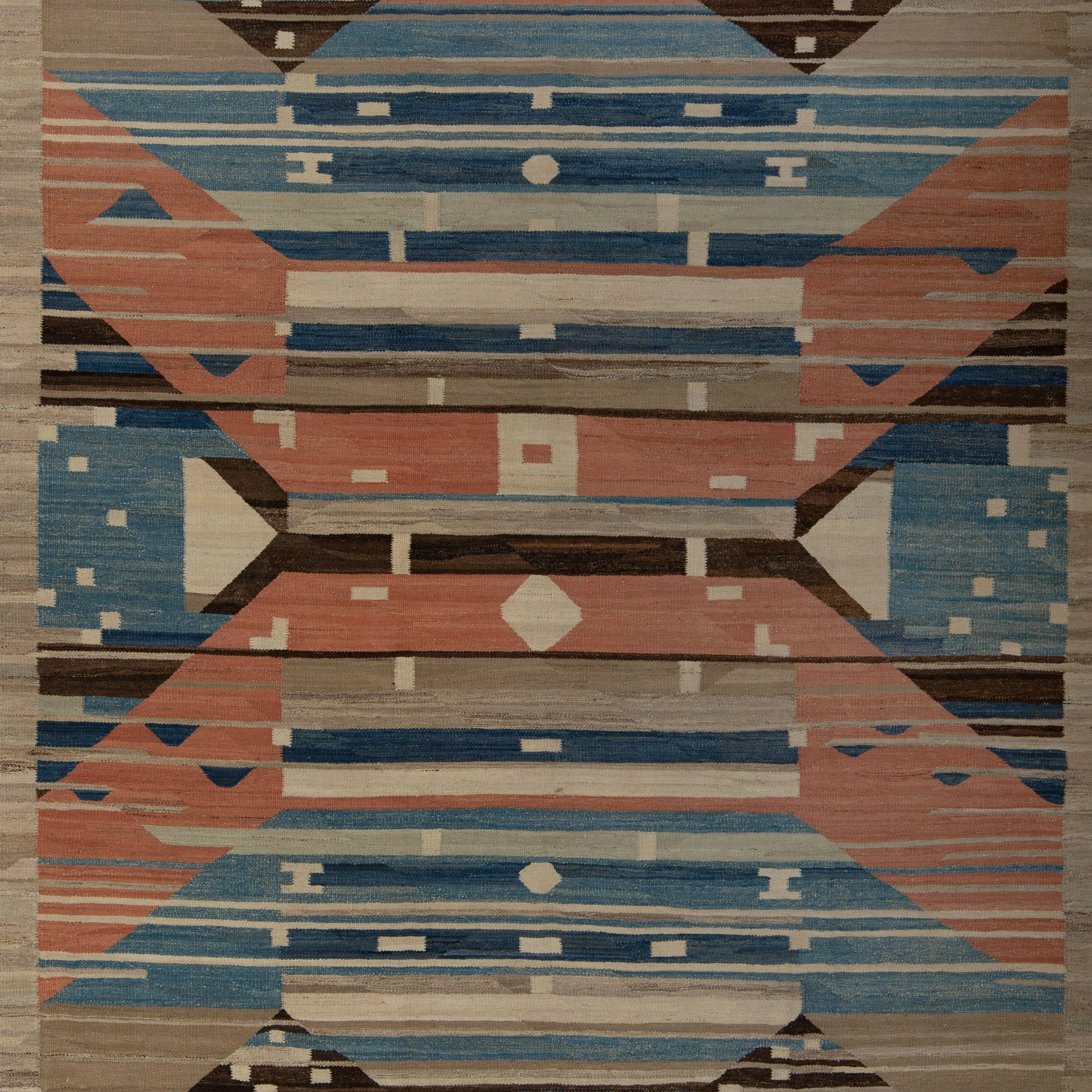 Blue and Pink Modern Kilim Wool Rug - 9' x 11'7"