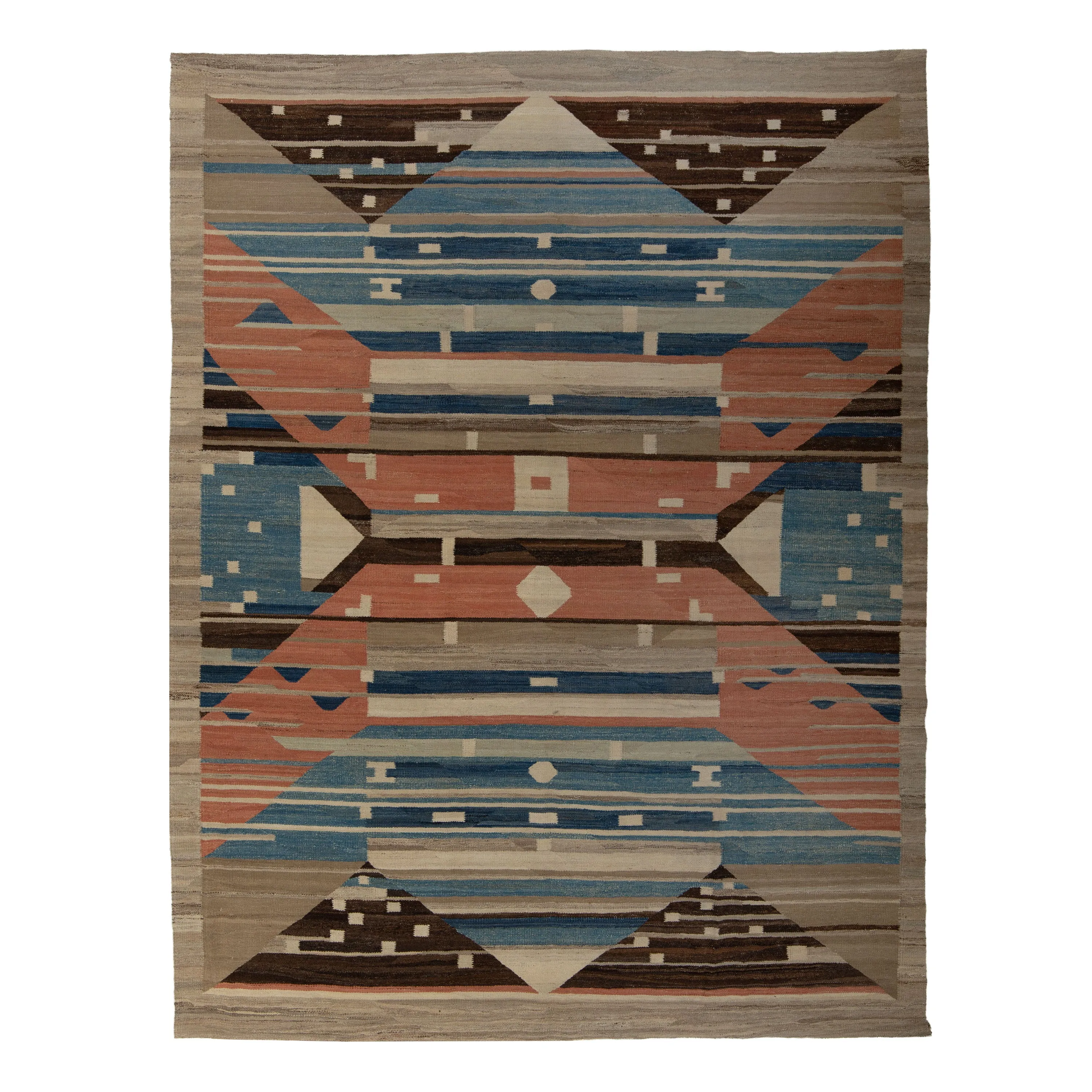 Blue and Pink Modern Kilim Wool Rug - 9' x 11'7"