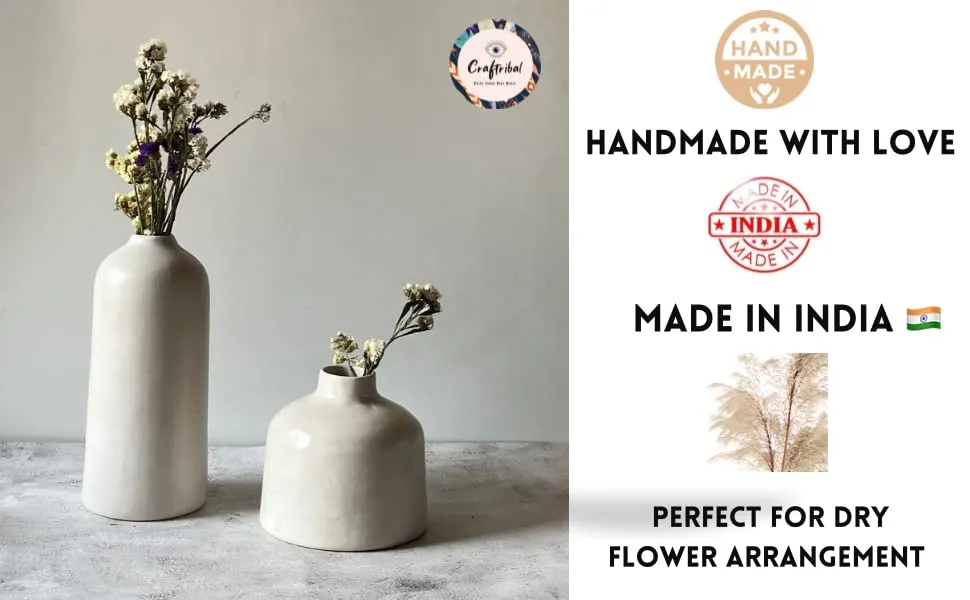 Craftribal Decorative White Ceramic Flower Vase Set | vase for home decor | Vase for Living Room | Home Decor Centrepiece, Matte Finish, 9.5 & 6 inches, White, (Pack of 2)