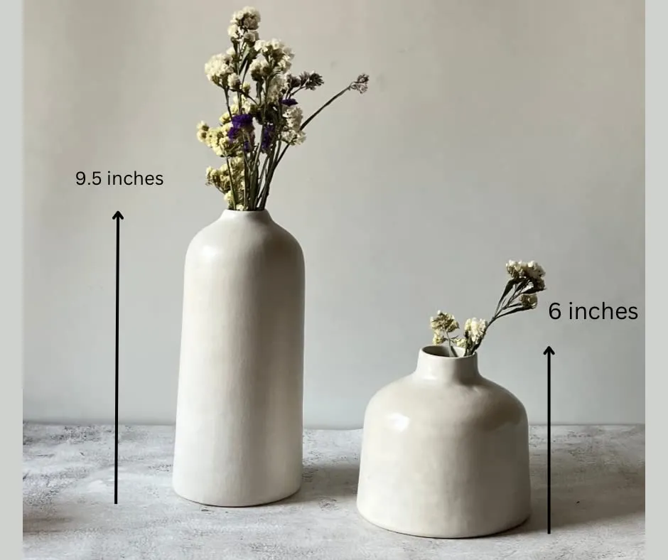 Craftribal Decorative White Ceramic Flower Vase Set | vase for home decor | Vase for Living Room | Home Decor Centrepiece, Matte Finish, 9.5 & 6 inches, White, (Pack of 2)
