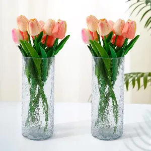 Ekhasa White Flower Glass Vase for Home Decor | Glass Vases Home Decor for Living Room & Home Decoration | Flower Vase Aesthetic Flower Pots for Home Table Decorative Items Dining Table (Set of 2)