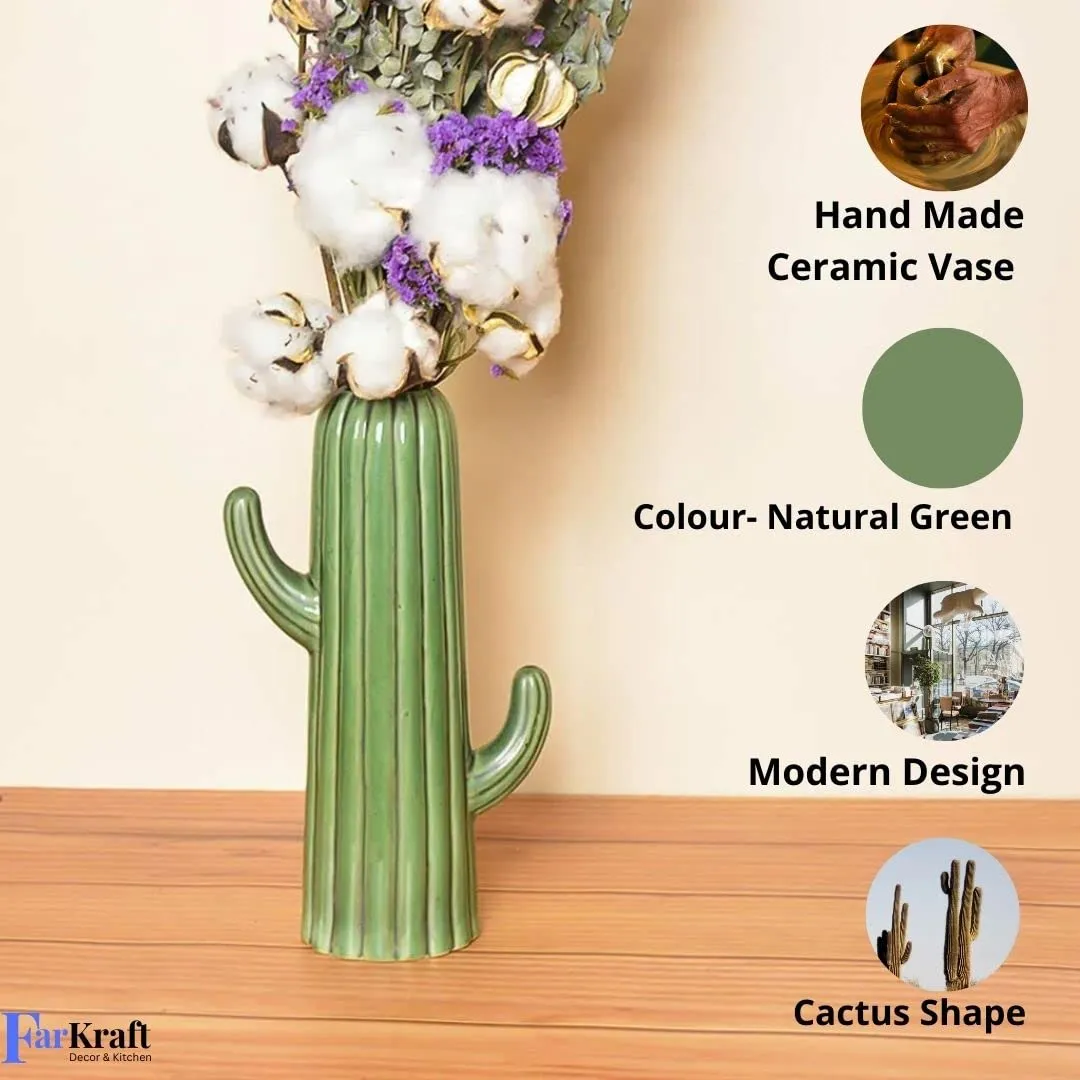 FARKRAFT Flower Vase | Cactus Shape Ceramic Vases Use with Flower and Pampas Grass | Best for Gifts and Home Decor Items | Size : 8 Inch, Green