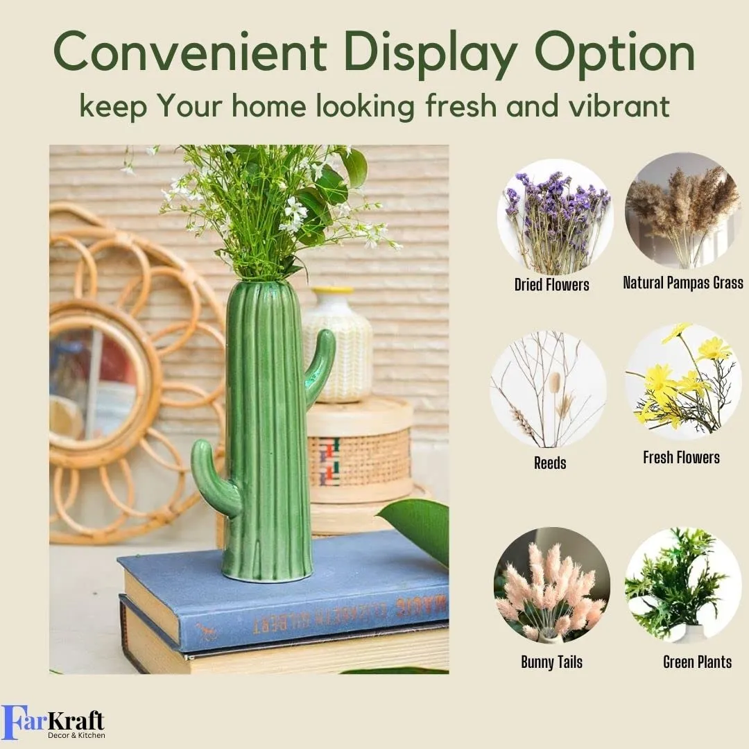 FARKRAFT Flower Vase | Cactus Shape Ceramic Vases Use with Flower and Pampas Grass | Best for Gifts and Home Decor Items | Size : 8 Inch, Green