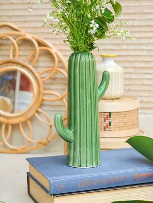FARKRAFT Flower Vase | Cactus Shape Ceramic Vases Use with Flower and Pampas Grass | Best for Gifts and Home Decor Items | Size : 8 Inch, Green