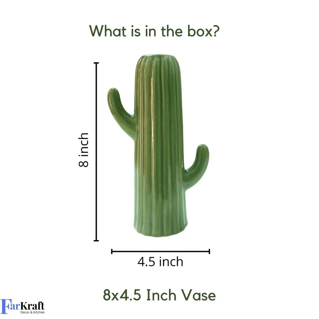 FARKRAFT Flower Vase | Cactus Shape Ceramic Vases Use with Flower and Pampas Grass | Best for Gifts and Home Decor Items | Size : 8 Inch, Green