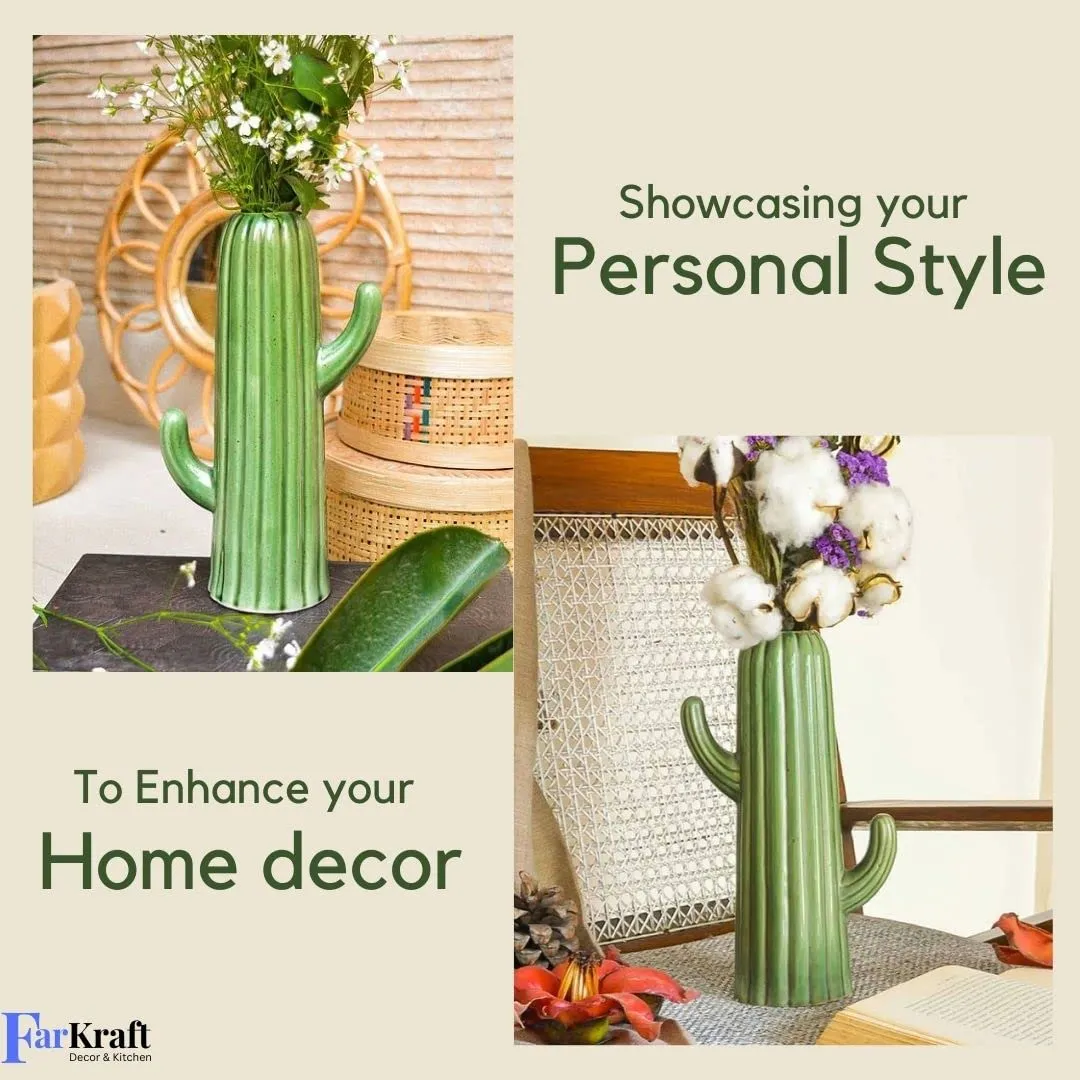 FARKRAFT Flower Vase | Cactus Shape Ceramic Vases Use with Flower and Pampas Grass | Best for Gifts and Home Decor Items | Size : 8 Inch, Green