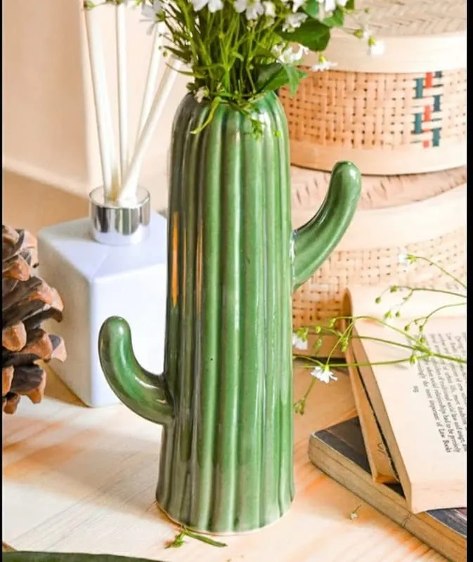 FARKRAFT Flower Vase | Cactus Shape Ceramic Vases Use with Flower and Pampas Grass | Best for Gifts and Home Decor Items | Size : 8 Inch, Green