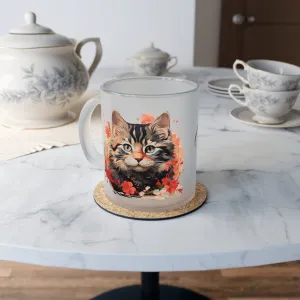 Floral Cat Frosted Glass Mug/Animal Mug: For Cat & Animal Lovers. Great Gift For Her, Gift For Mom, Cat Mom Gift For Dad. Birthday Gift
