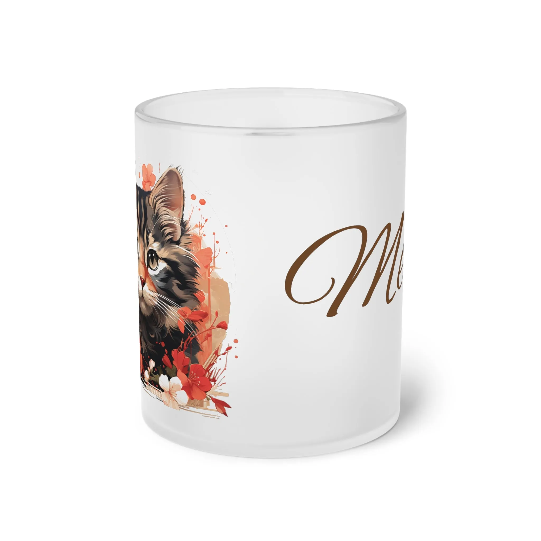 Floral Cat Frosted Glass Mug/Animal Mug: For Cat & Animal Lovers. Great Gift For Her, Gift For Mom, Cat Mom Gift For Dad. Birthday Gift