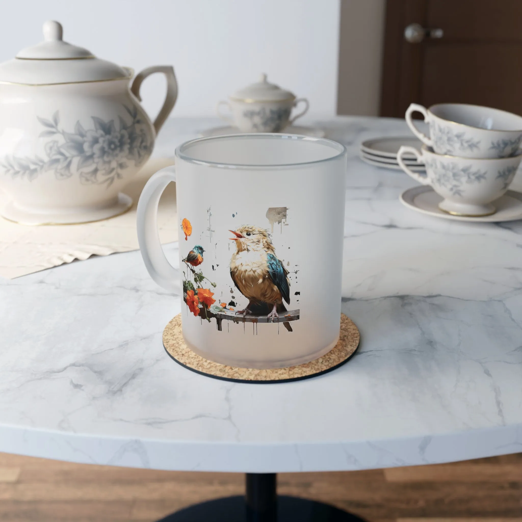 Frosted "Feathered Friends" Glass Mug. Animal Mug, Bird, Animal Lovers, Gift For Her, Gift For Mom, Bird Watching, Birthday Gift