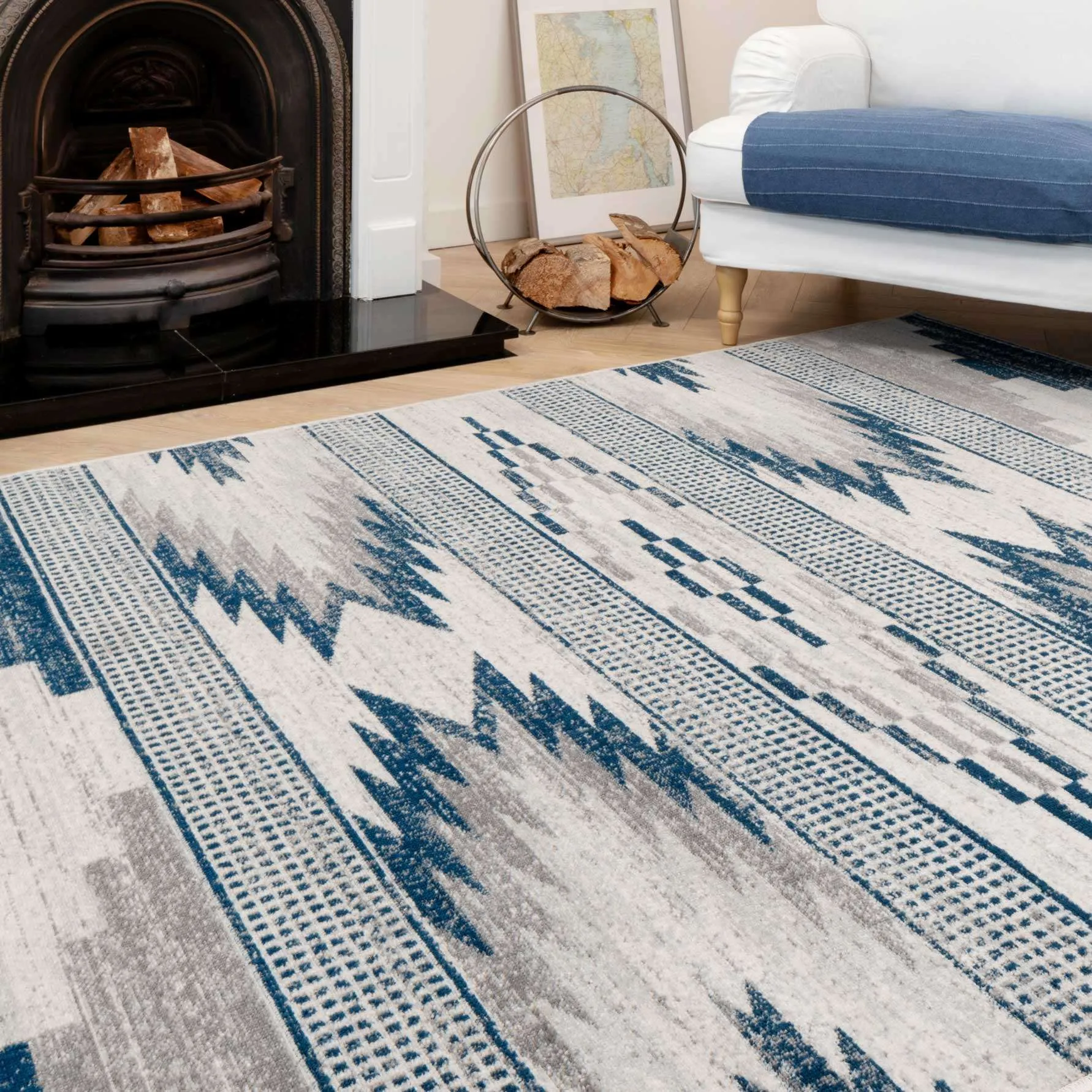 Grey Navy Aztec Living Room Rug