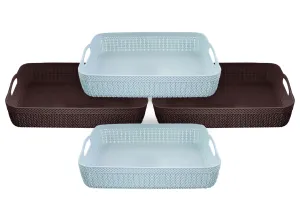Heart Home Q-4 Multiuses Designer Unbreakable Plastic Storage Basket/Organizer/Bin For Home, Kitchen, Bathroom, Office Use Pack of 4 (Blue & Brown)-50HH01609