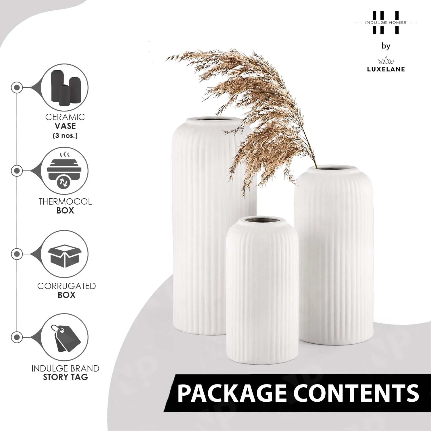 INDULGE HOMES - White Ceramic Vase for Home Decor Centrepiece Showpiece (Flute)