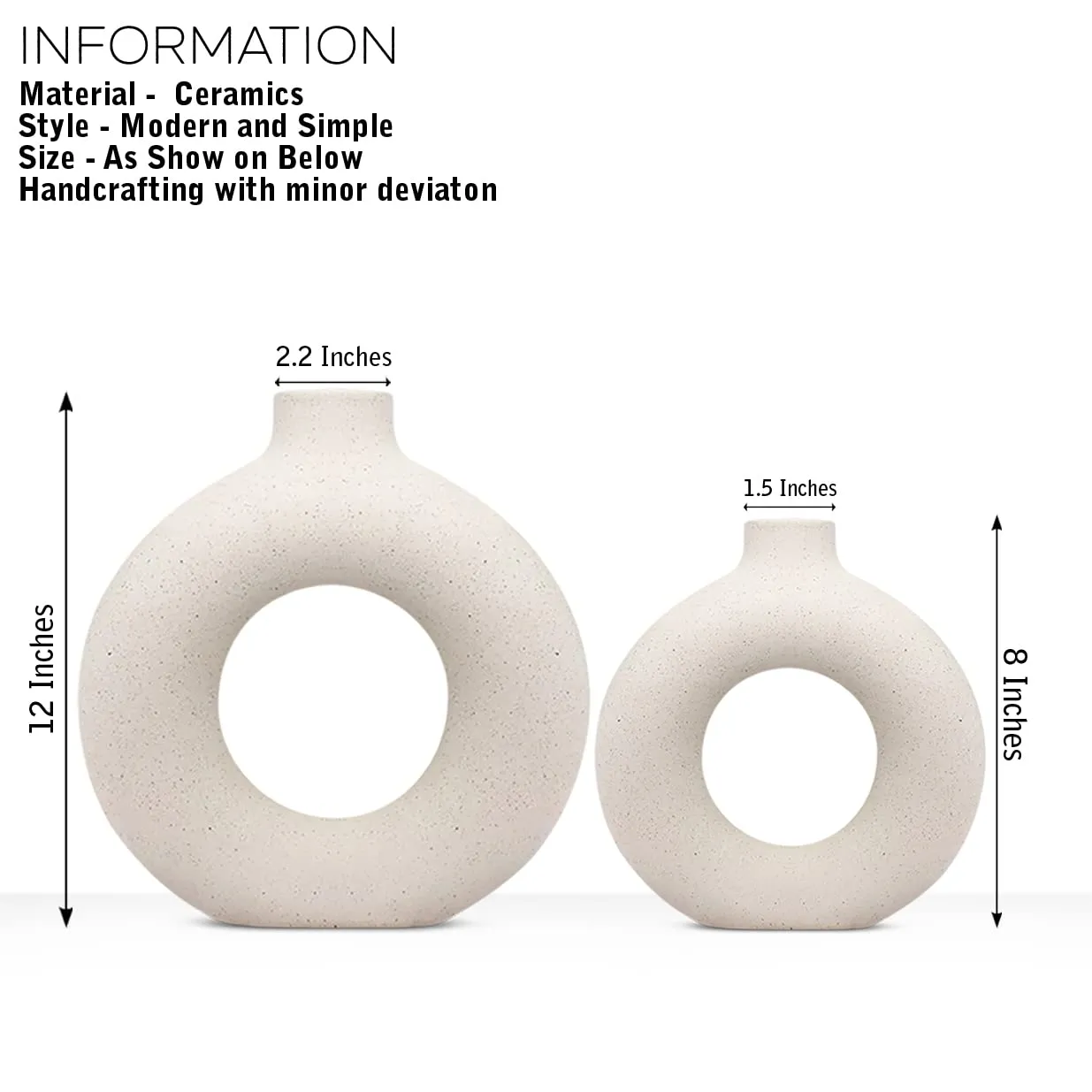 INDULGE HOMES White Donut Vase/Office Desk/Flower Vase/Pampas Grass Vase/Reinforced Ceramic Vase/Round Shaped Vase/Home-Decor Centrepiece/Decor Showpiece/ 8 & 12 Inches (Pack of 2)