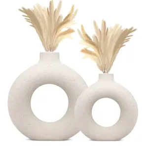 INDULGE HOMES White Donut Vase/Office Desk/Flower Vase/Pampas Grass Vase/Reinforced Ceramic Vase/Round Shaped Vase/Home-Decor Centrepiece/Decor Showpiece/ 8 & 12 Inches (Pack of 2)