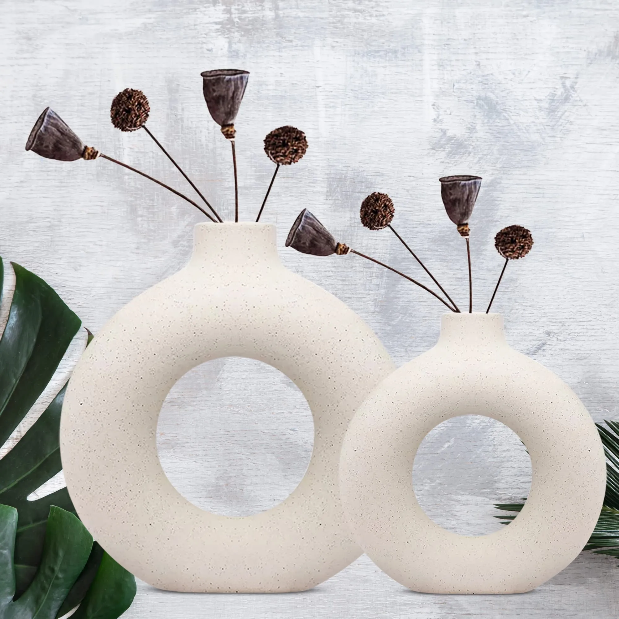 INDULGE HOMES White Donut Vase/Office Desk/Flower Vase/Pampas Grass Vase/Reinforced Ceramic Vase/Round Shaped Vase/Home-Decor Centrepiece/Decor Showpiece/ 8 & 12 Inches (Pack of 2)