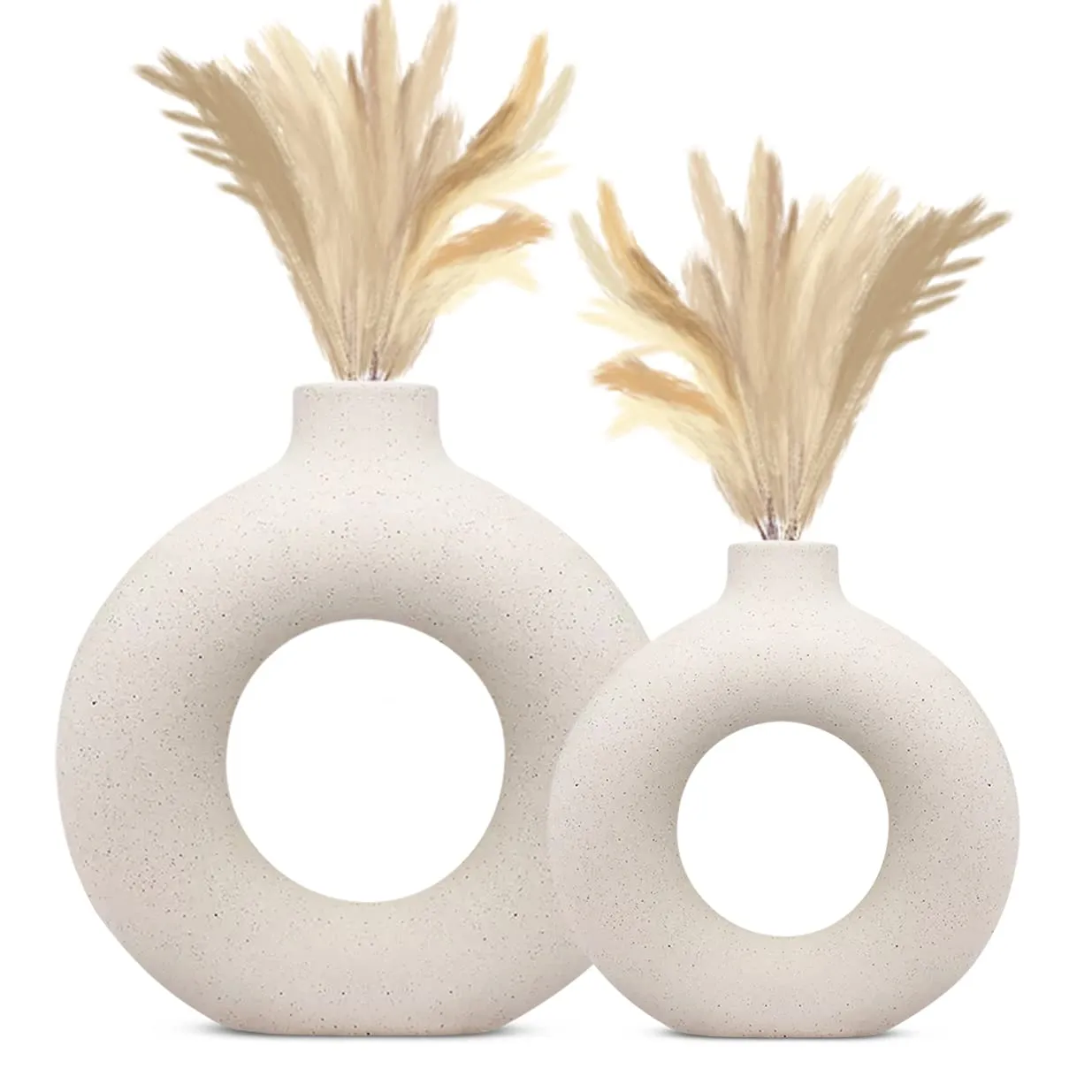 INDULGE HOMES White Donut Vase/Office Desk/Flower Vase/Pampas Grass Vase/Reinforced Ceramic Vase/Round Shaped Vase/Home-Decor Centrepiece/Decor Showpiece/ 8 & 12 Inches (Pack of 2)