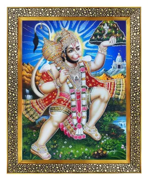 Khanna Koshtak Hanuman Bajrangbali With Dronagiri Mountain Religious Photo With Golden Frame & Acrylic Sheet Glass For Wall Hanging/Gift/Temple/Puja Room/Home Decor & Worship