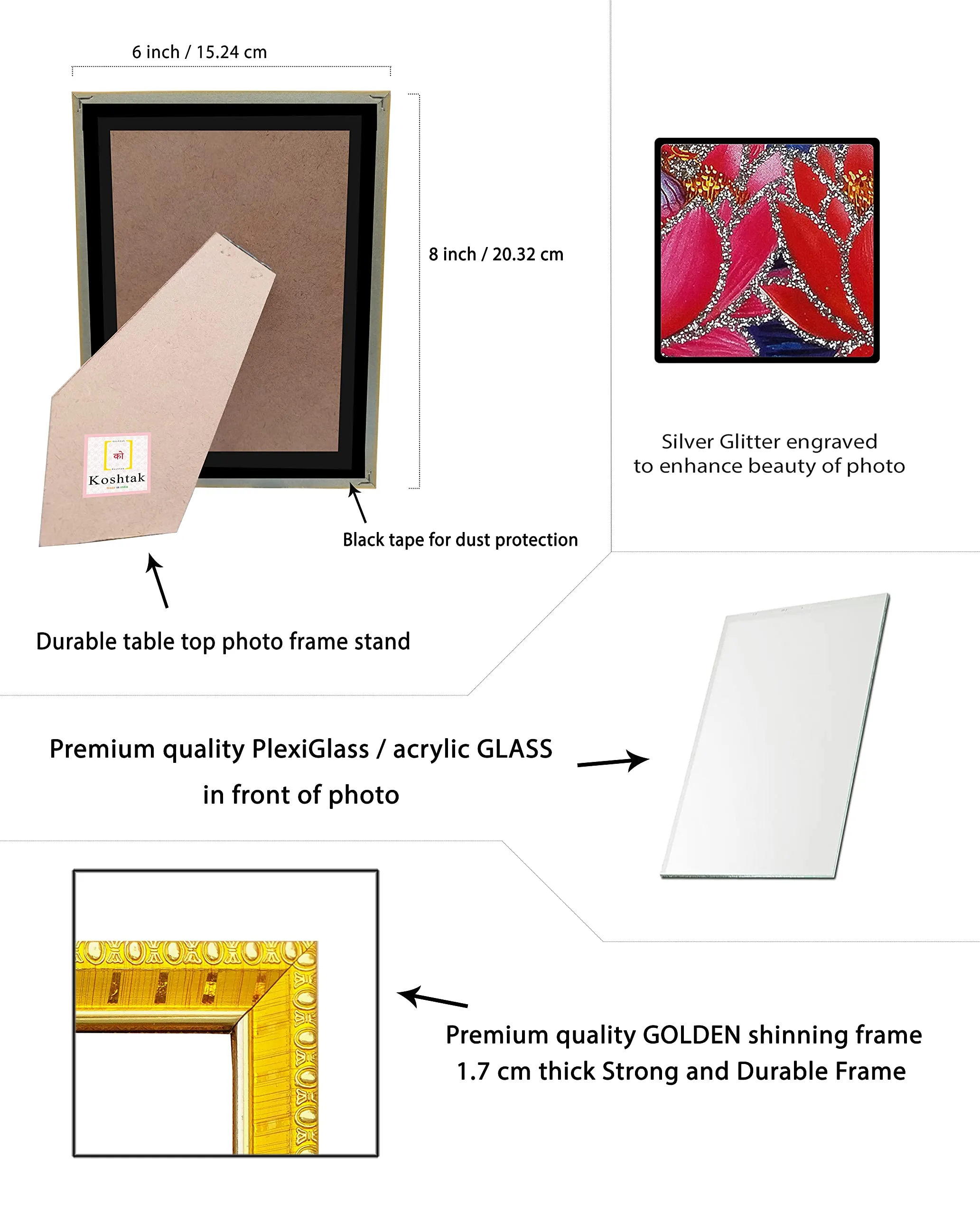Koshtak Saraswati Mata On Lotus With Sitar & Hans Photo Frame With Tabletop Stand & Unbreakable Glass For Temple Worship/Gift/Home Decor (20CM x 15 CM)