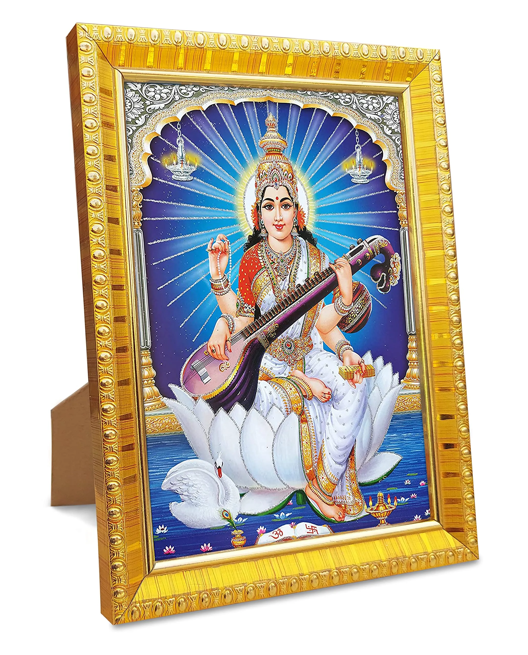 Koshtak Saraswati Mata On Lotus With Sitar & Hans Photo Frame With Tabletop Stand & Unbreakable Glass For Temple Worship/Gift/Home Decor (20CM x 15 CM)