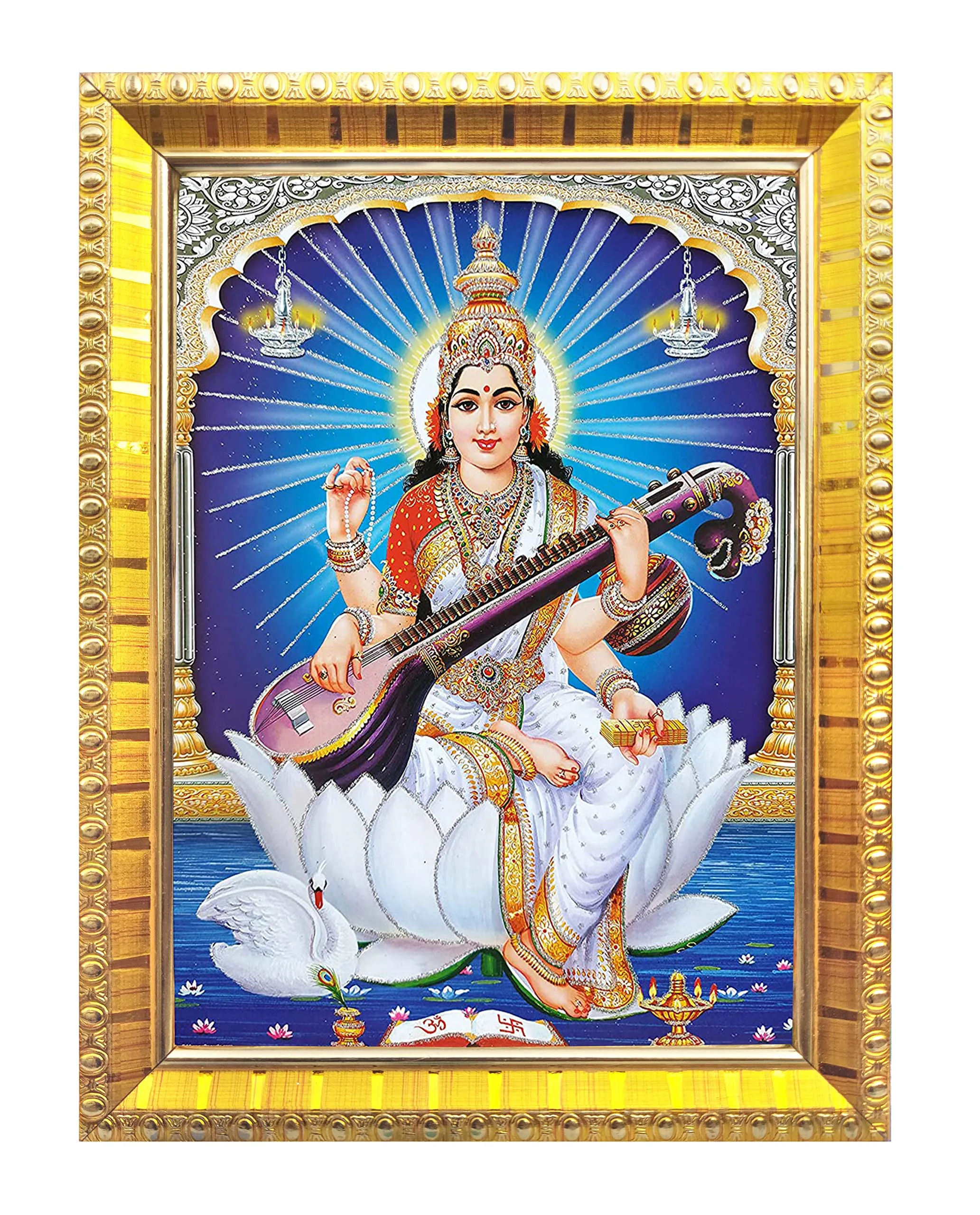 Koshtak Saraswati Mata On Lotus With Sitar & Hans Photo Frame With Tabletop Stand & Unbreakable Glass For Temple Worship/Gift/Home Decor (20CM x 15 CM)