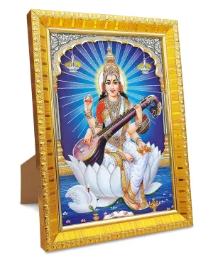 Koshtak Saraswati Mata On Lotus With Sitar & Hans Photo Frame With Tabletop Stand & Unbreakable Glass For Temple Worship/Gift/Home Decor (20CM x 15 CM)