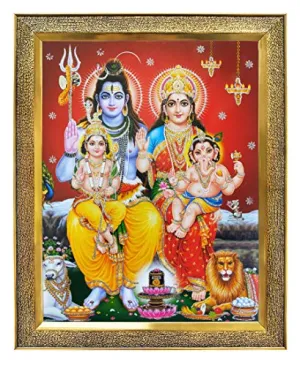 Koshtak Shiva Parvati with Ganesh and kartikeya ji shivling/Shiv parivar with Nandi and Lion photo frame with Unbreakable Glass for wall hanging/gift/temple/puja room/home decor and Worship