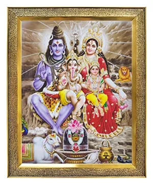 Koshtak Shiva Parvati with Ganesh and kartikeya ji/Shiv parivar with shivling Nandi and Lion Photo Frame with Unbreakable Glass for Wall Hanging/Gift/Temple/puja Room/Home Decor and Worship