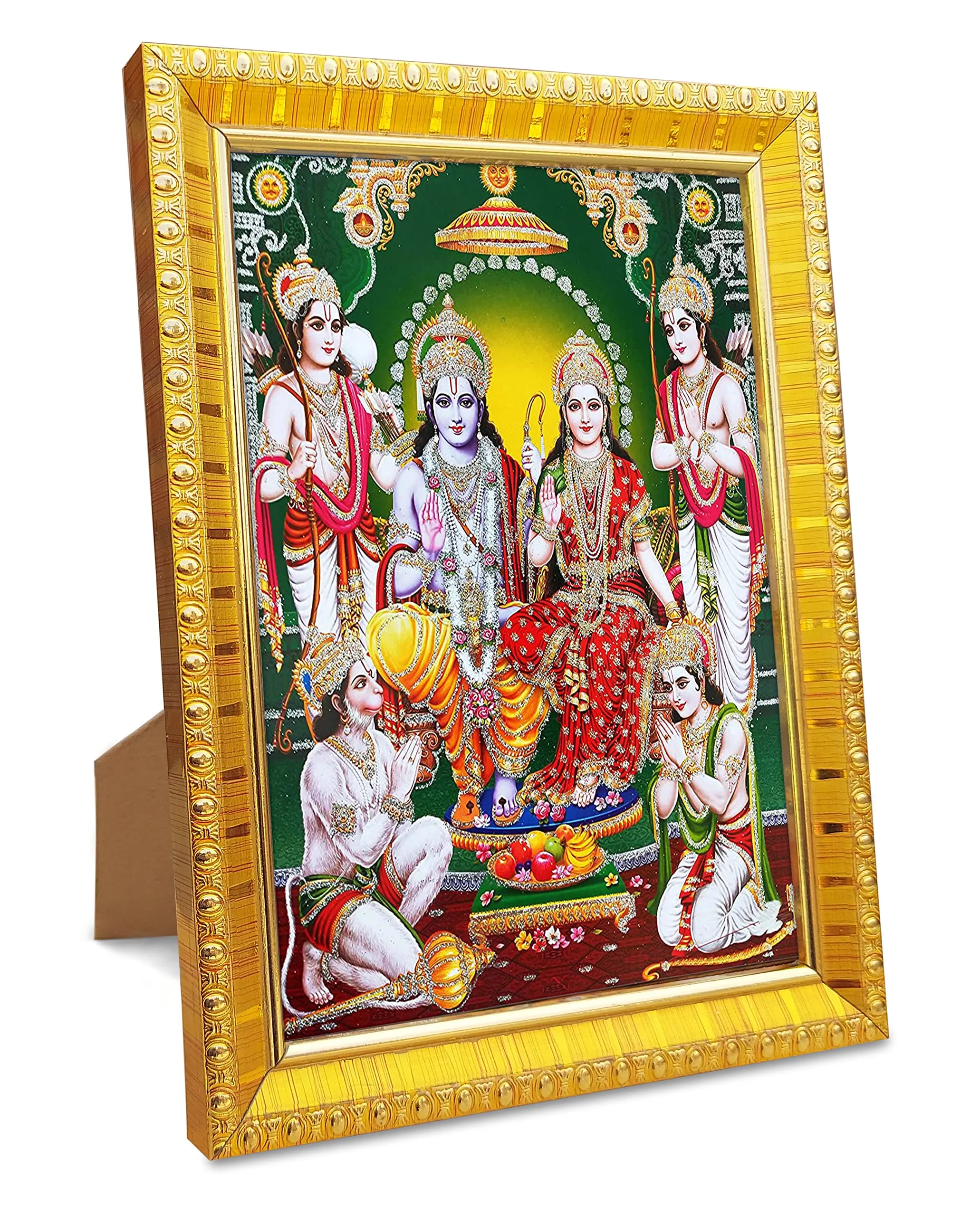 Koshtak shri Ram darbar/ram sita with laxman, bhart, shatrughan and Hanuman ji Giving Blessin(6 x 8 inch) Table top stand photo frame with Unbreakable Glass for temple Worship/gift/home decg