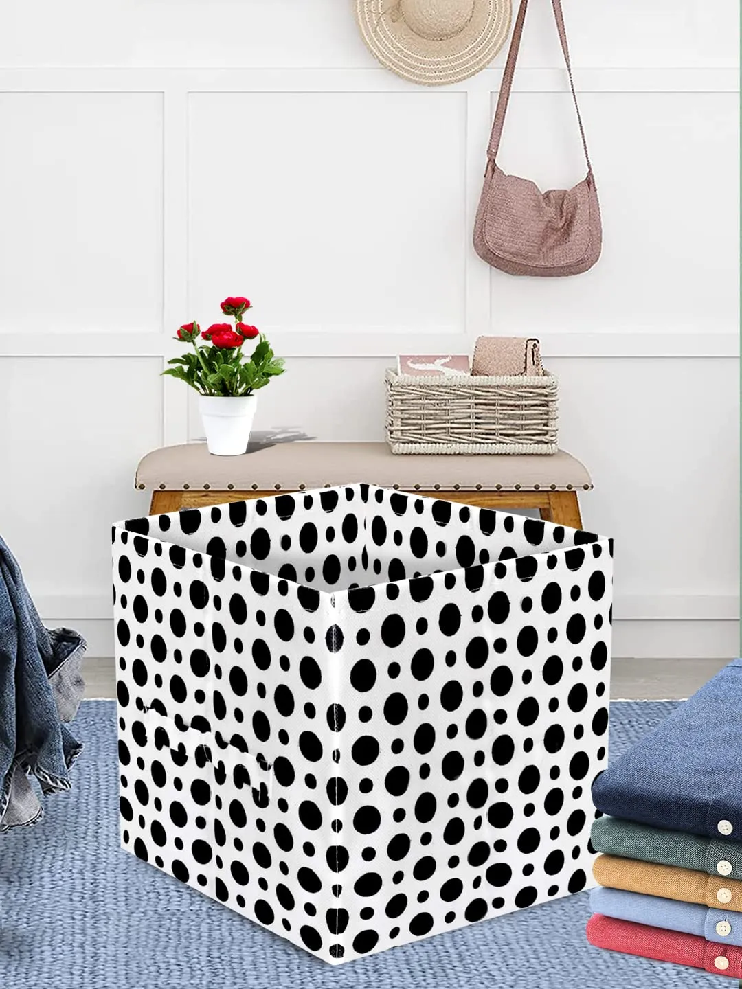 Kuber Industries Dot Printed Multipurposes Storage Box/Organizer With Handles- Pack of 4 (Black & White) -HS43KUBMART26227