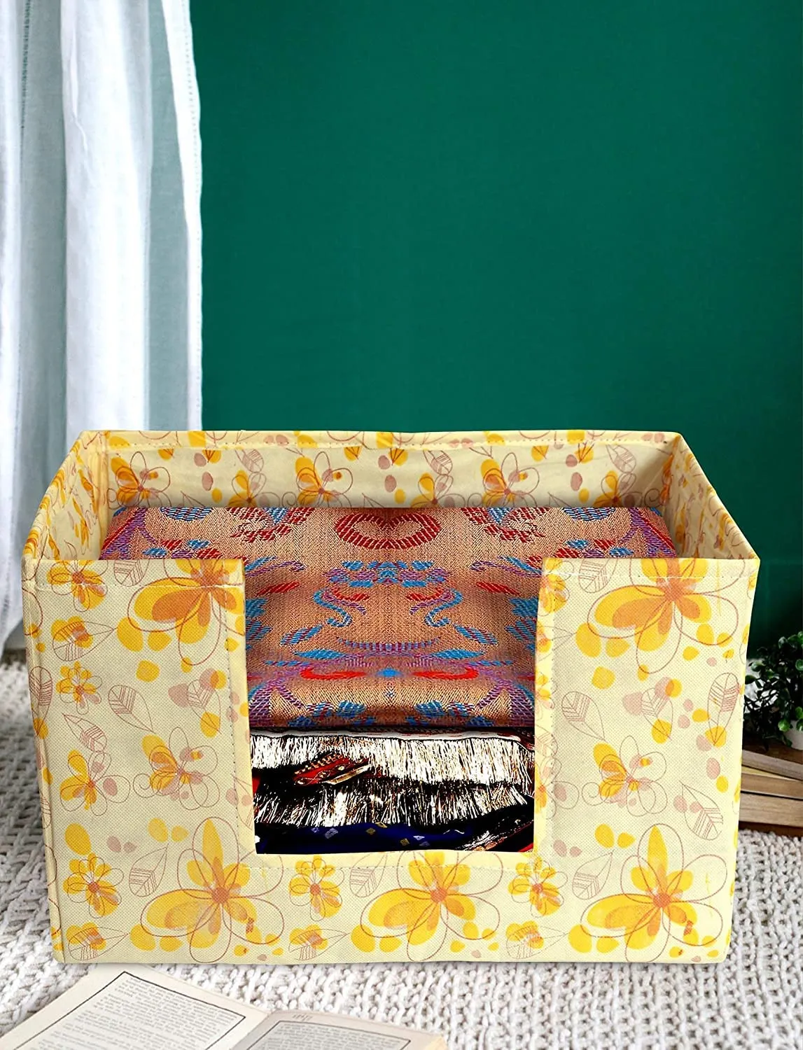 Kuber Industries Flower Printed Multiuses Non-Woven Closet Organizer, Storage Bin, Shelf Storage Oragnizer With Handle (Yellow)-HS43KUBMART26389