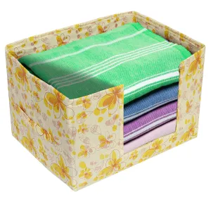 Kuber Industries Flower Printed Multiuses Non-Woven Closet Organizer, Storage Bin, Shelf Storage Oragnizer With Handle (Yellow)-HS43KUBMART26389