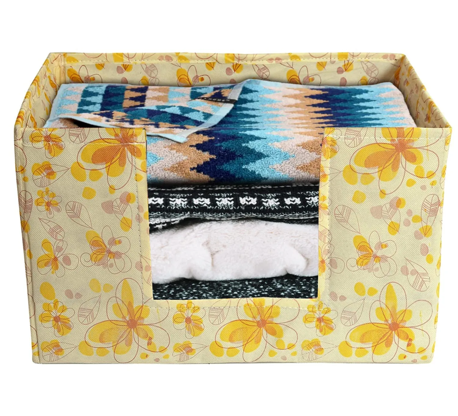 Kuber Industries Flower Printed Multiuses Non-Woven Closet Organizer, Storage Bin, Shelf Storage Oragnizer With Handle (Yellow)-HS43KUBMART26389