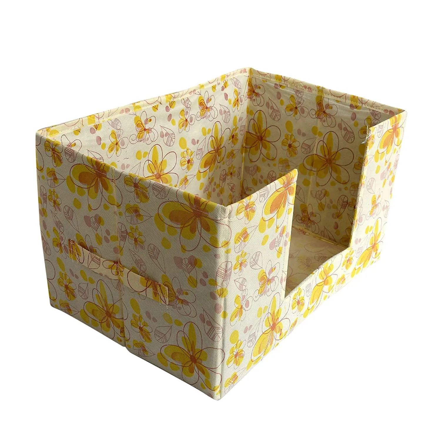 Kuber Industries Flower Printed Multiuses Non-Woven Closet Organizer, Storage Bin, Shelf Storage Oragnizer With Handle (Yellow)-HS43KUBMART26389
