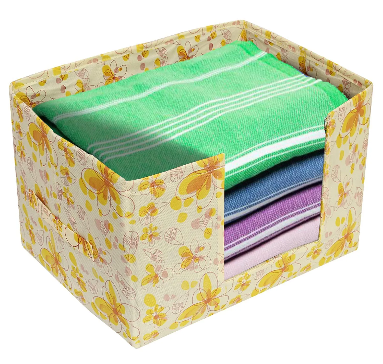 Kuber Industries Flower Printed Multiuses Non-Woven Closet Organizer, Storage Bin, Shelf Storage Oragnizer With Handle (Yellow)-HS43KUBMART26389