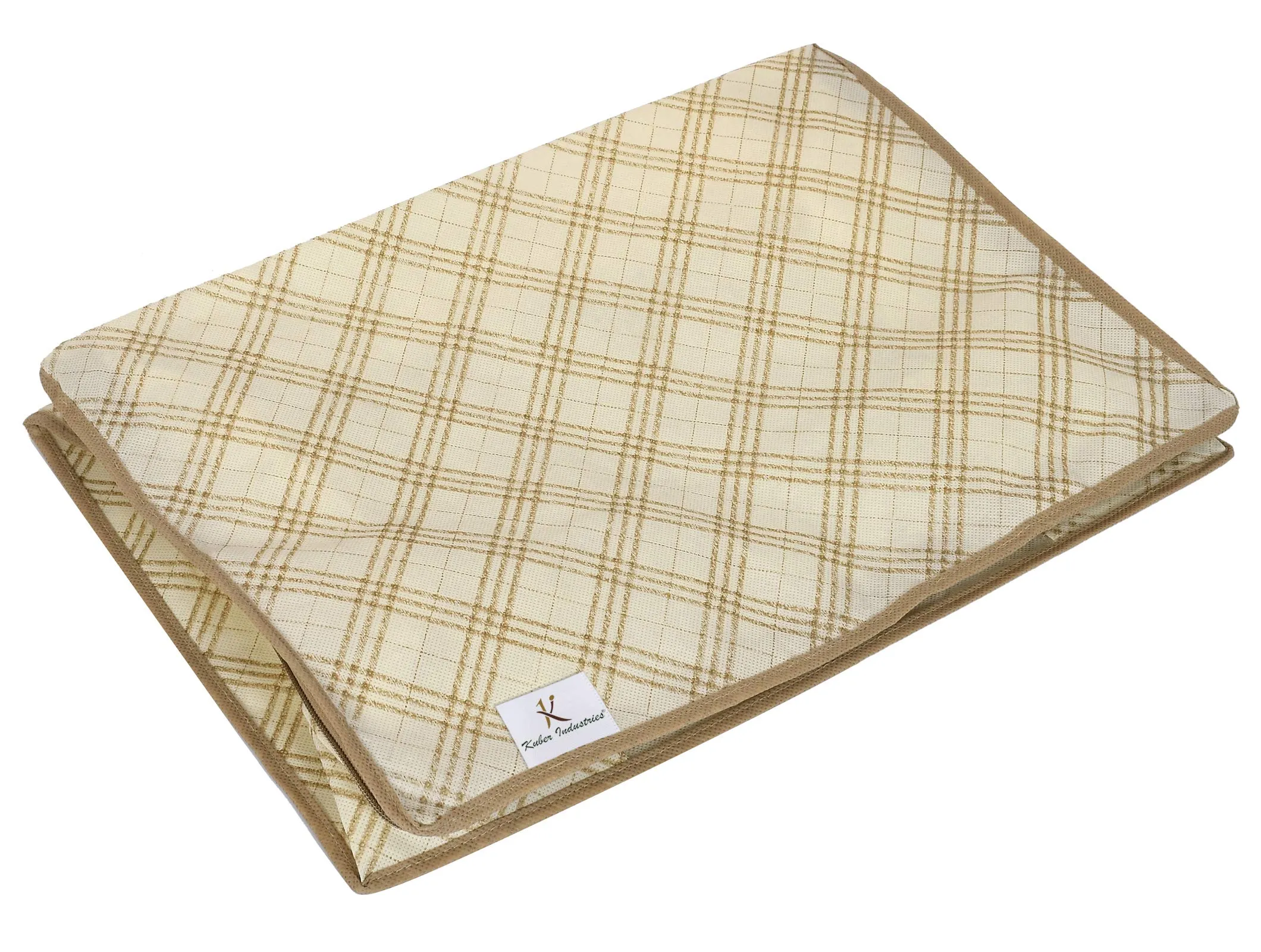 Kuber Industries Metalic Checkered Print Foldable Clothes Storage Bag Wardrobe Organizer Non Woven Fabric for Comforters,Blankets,Bedding with Sturdy Zipper,Clear Window (Set of 2,Ivory)-KUBMART16584