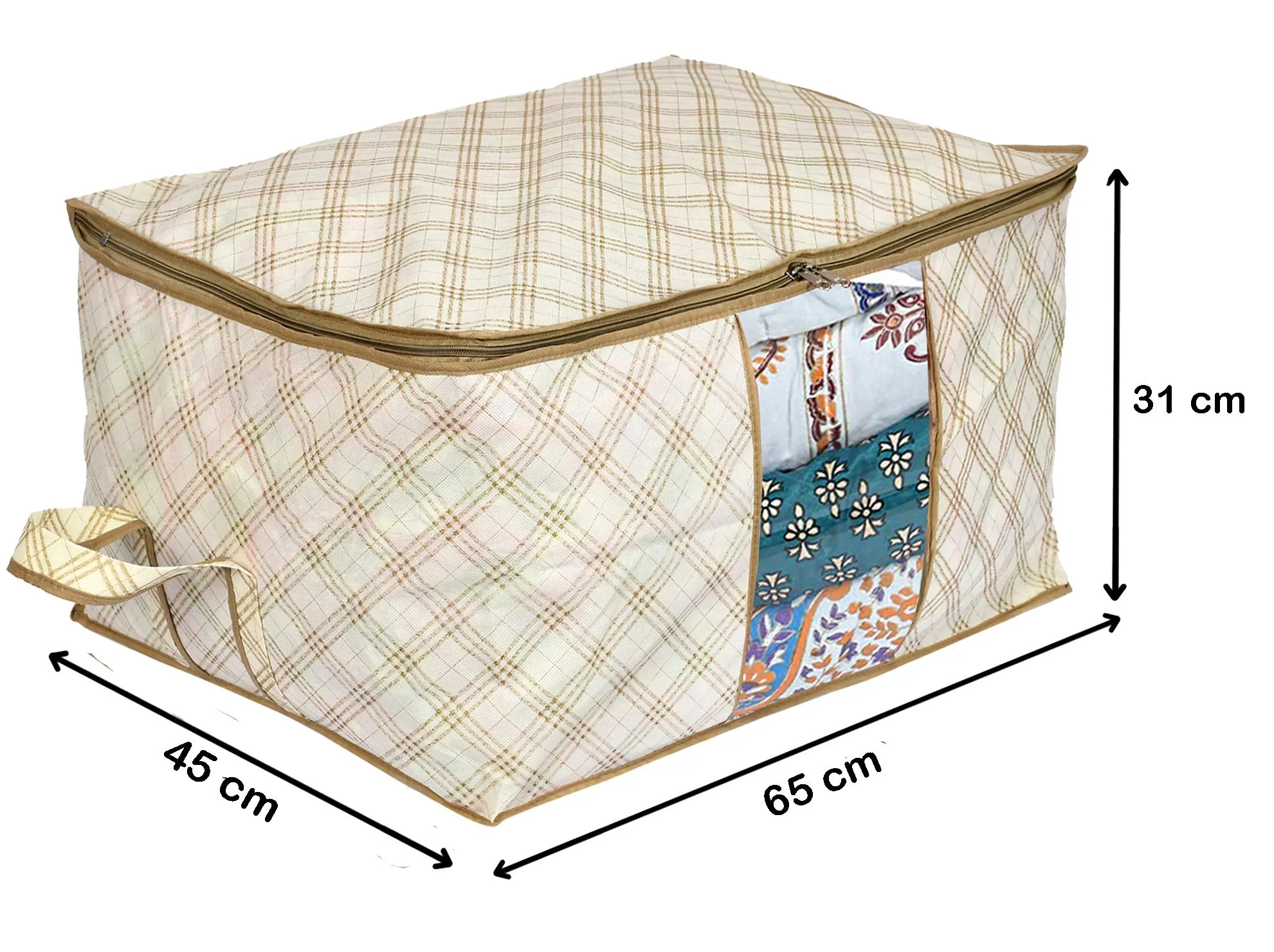 Kuber Industries Metalic Checkered Print Foldable Clothes Storage Bag Wardrobe Organizer Non Woven Fabric for Comforters,Blankets,Bedding with Sturdy Zipper,Clear Window (Set of 2,Ivory)-KUBMART16584
