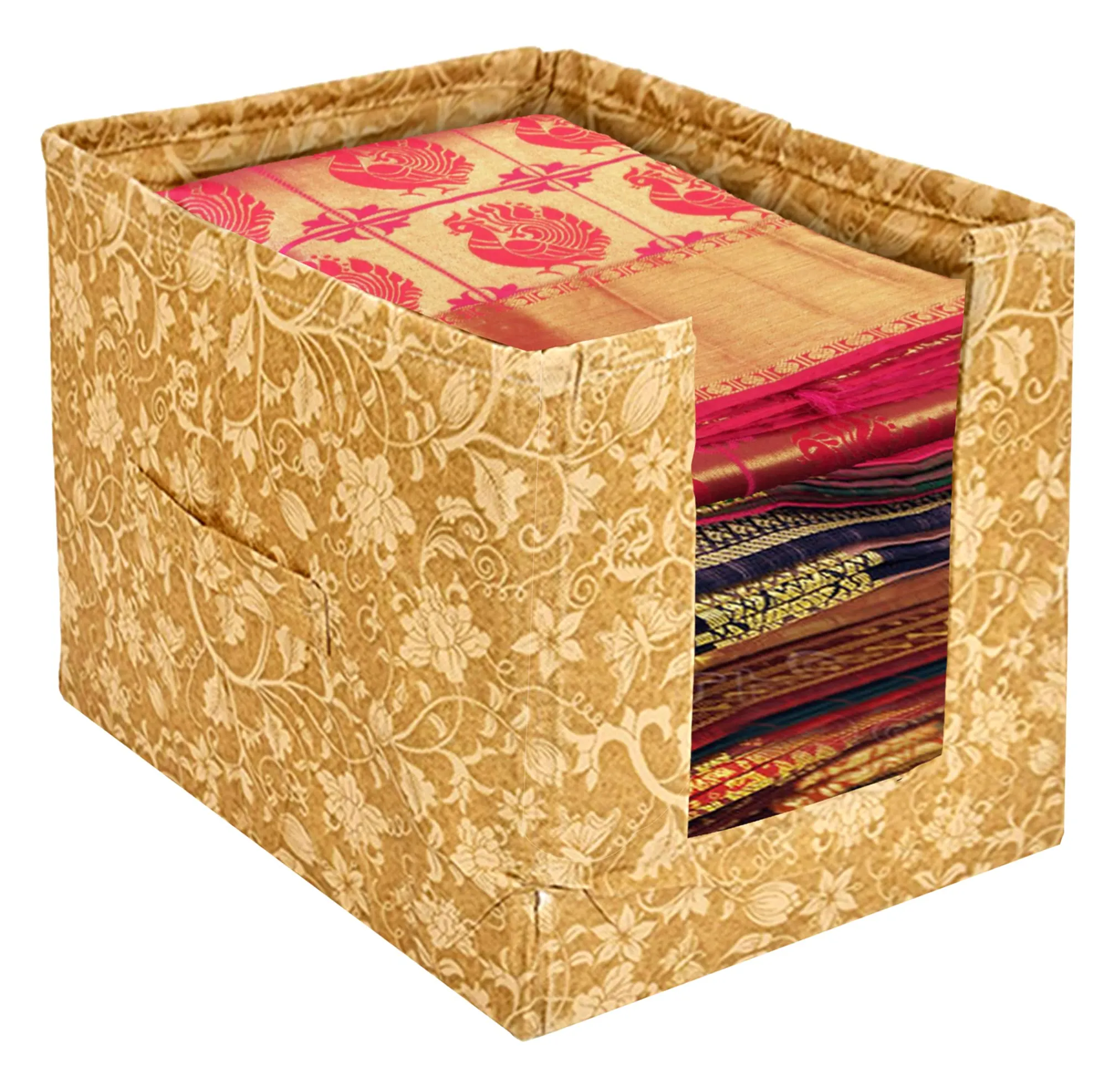 Kuber Industries Metalic Flower Print Foldable Rectangle Cloth Saree Stacker Cloth Wardrobe Organizer- Pack of 6 (Beige & Red)