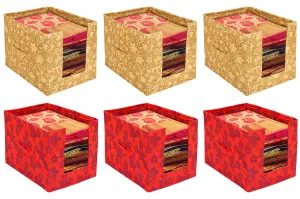 Kuber Industries Metalic Flower Print Foldable Rectangle Cloth Saree Stacker Cloth Wardrobe Organizer- Pack of 6 (Beige & Red)