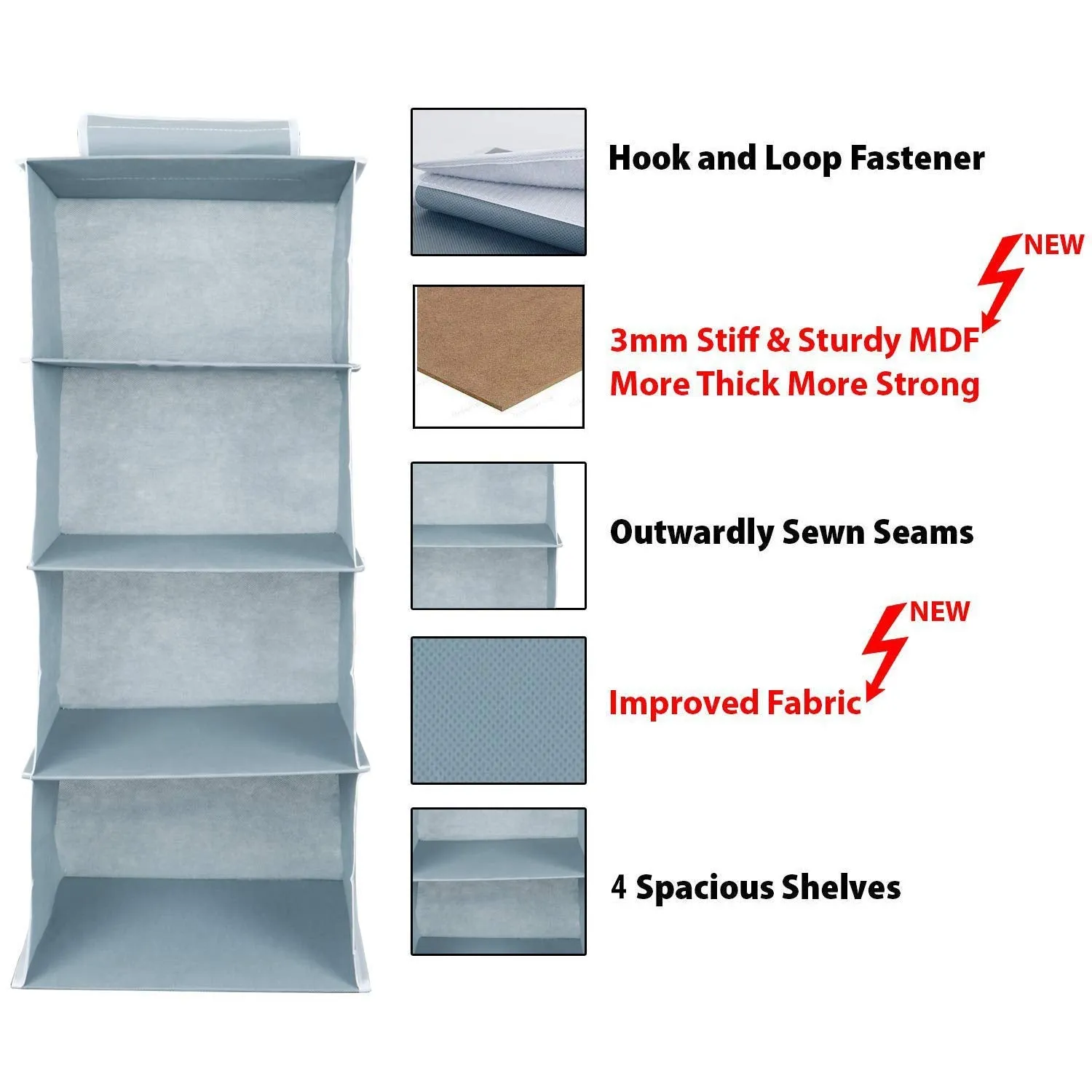 Kuber Industries Non Woven Hanging 4 Shelves Foldable Wardrobe/Closet Cloth Organizer (Grey)-KUBMART15320 (Glossy,Fabric)