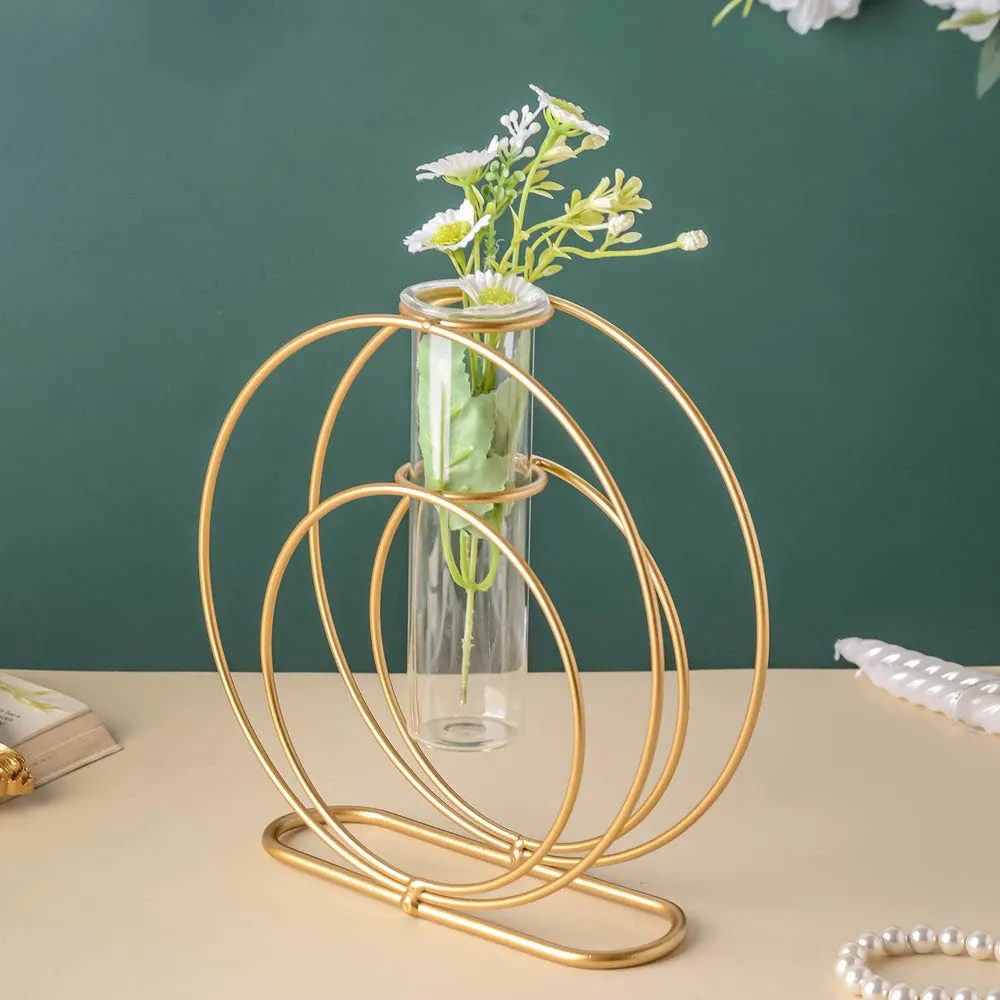 Next in Crafts Double Rings Glass Test Tube Flower Vase with Gold Round Metal Stand L-23cm W-7cm H-23cm | Finish Single Stem for Home and Garden (Under Ring)
